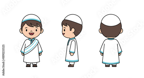 Sweet cartoon boy in traditional white Islamic clothing with blue trim presented from front profile and rear perspectives for clear visual representation, Generative AI.