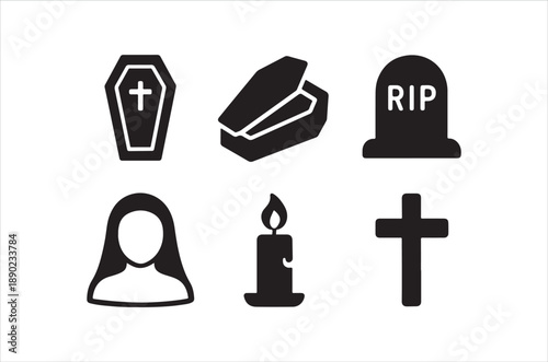 Black silhouettes depicting death mourning and remembrance symbols