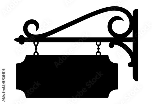 Vintage Hanging Shop Sign Bracket Silhouette Isolated on White Background for Business Storefront Branding, Wooden signboard isolated on white background 