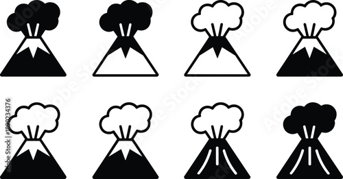 Minimal volcano eruption icon set featuring solid and outline symbols, volcanic explosions, lava vents, disaster warning pictograms collection vector