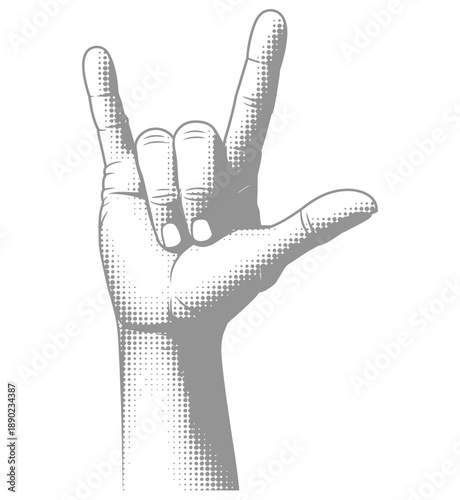 Rock Hand Gesture Vector Illustration, Vintage Engraved Halftone Hand Sign, Retro Tattoo Style Monochrome Design.