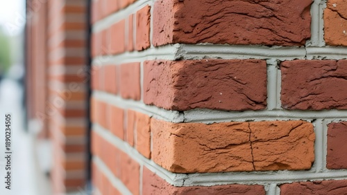 A close up view showcases the corner of a red brick wall with light gray mortar