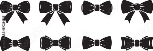 Collection of eight black bow tie icons in various styles