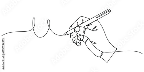 Hand holding pen writing elegance continuous one line drawing minimalist design concept isolated on white background, Vector illustration