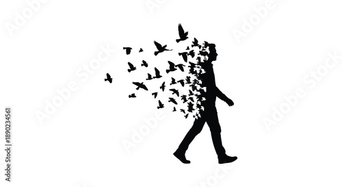 A person walking with birds emerging from their form creating a dissolving effect presented as a striking silhouette high quality professional