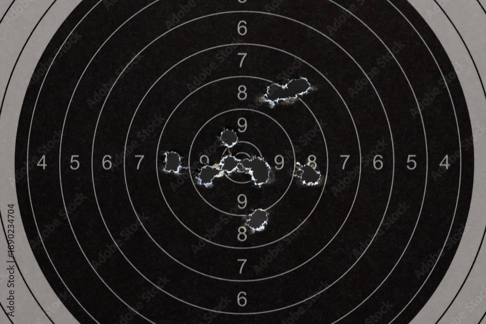 Naklejka premium Close up of a black paper shooting target with multiple bullet holes in the center bullseye from gun range practice.
