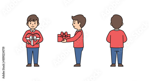 A young boy presented from three angles (front side back) holding a heart-shaped gift box and a wrapped present ideal for themes of giving receiving love and special occas, Generative AI.