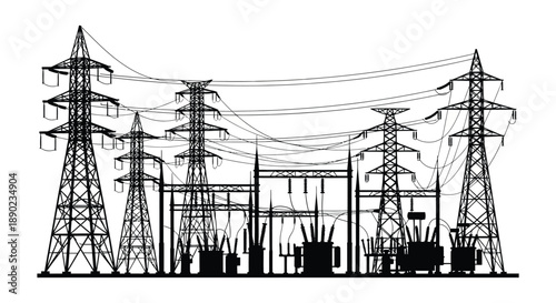 A stark depiction of electrical power infrastructure including towers and a substation presented as a black silhouette high quality professional detailed