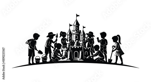 A group of children building a sandcastle on a beach depicted in a striking black silhouette high quality professional detailed modern