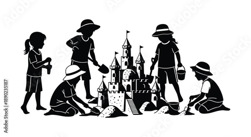 Children building a sandcastle on the beach depicted in a striking black and white silhouette high quality professional detailed modern elegant