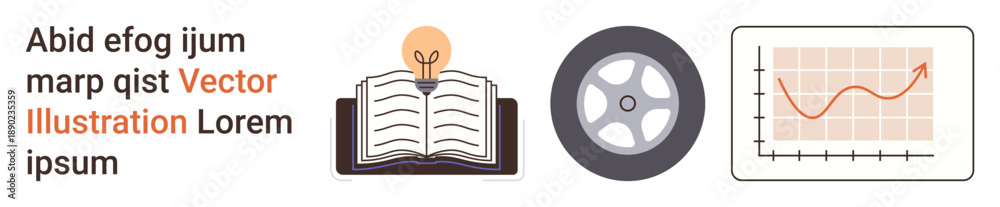 Fototapeta premium Education, technology, automotive industry, data analysis, business growth, innovative solutions. Open book with lightbulb, car wheel and graph with rising trend. Education and technology concept
