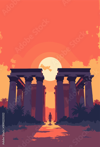 Vertical flat illustration Karnak Temple columns Luxor Silhouetted against deep orange sunset Vintage texture