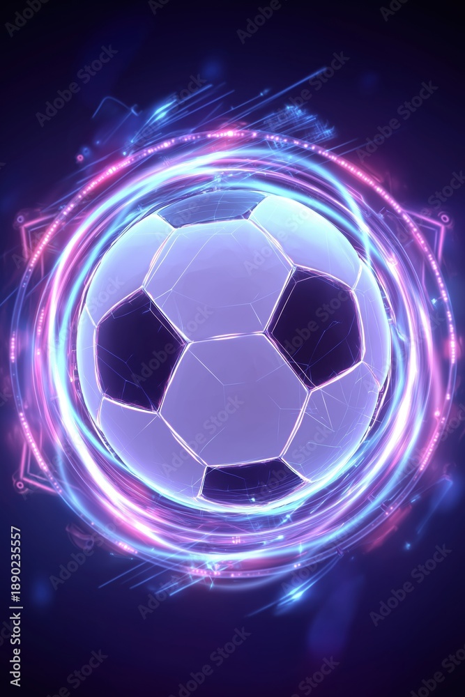 Naklejka premium Soccer ball illuminated by vibrant purple and blue neon light trails, dynamic and energetic abstract background. Represents sport, technology, and future competition