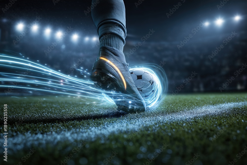 Naklejka premium Soccer player's foot in boot kicking soccer ball on stadium field at night, surrounded by glowing light trails indicating speed and power. Stadium lights in background