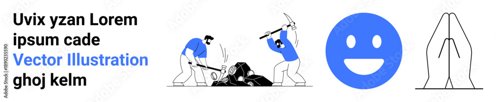 Fototapeta premium Collaboration, positivity, prayer, teamwork, industry, simple design. Two workers digging, blue happy face praying hands. Teamwork and positivity concept in clean minimalist visuals