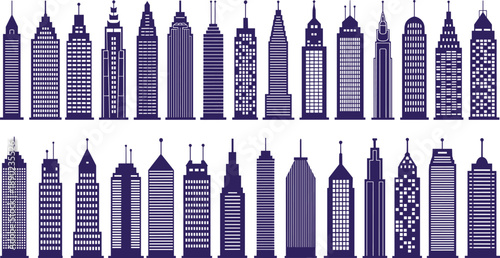Modern city skyline silhouettes set featuring diverse skyscraper buildings urban architecture vector illustration isolated on white background