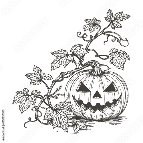 Spooky Halloween jack o lantern pumpkin vector illustration in vintage hand drawn engraving style with decorative vines and autumn leaves.