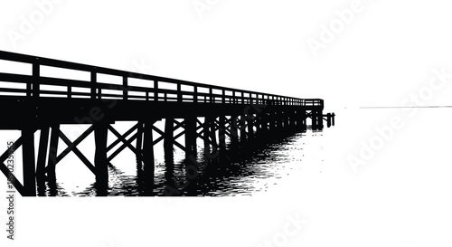 A long wooden pier extends into calm waters under a bright sky presented as a striking silhouette high quality professional detailed