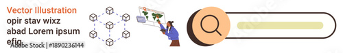 Education, technology, online research, data interpretation, exploration, global connectivity. Visual of a woman analyzing maps with a magnifying glass, geometric network symbols, and a search bar