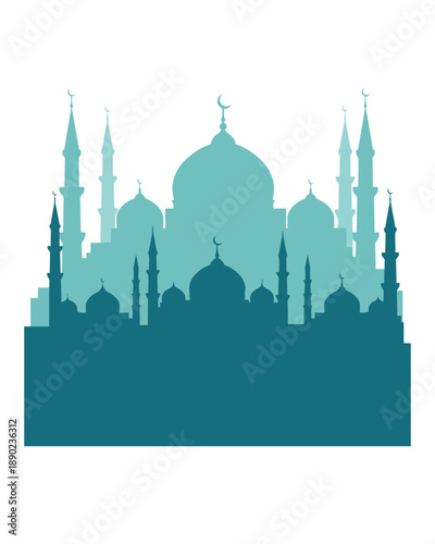 Islamic mosque silhouette illustration during Ramadhan Eid celebration with crescent moon and minarets