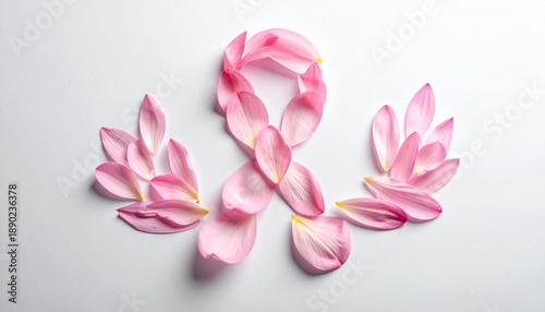 Pink flower petals arranged into ribbon shape on white surface, symbolic health awareness