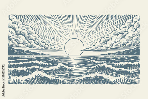 Majestic ocean waves and rising sun landscape illustration in detailed vintage woodcut engraving style for nature and coastal themes.