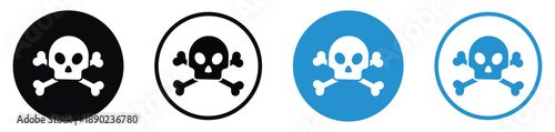 Four circular skull and crossbones icons in black and blue variations. Represents toxic hazards, poison, or danger. Suitable for chemical labels and cautionary graphic design.