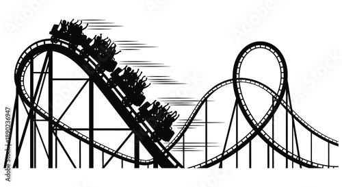 A dynamic black and white illustration depicts a speeding roller coaster with blurred motion lines presented as a silhouette high quality