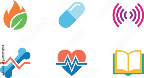Collection of six modern flat icons for health and technology