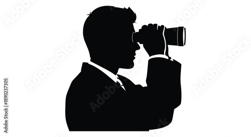 A sharply defined black silhouette of a man looking through binoculars creating a dramatic and striking image silhouette high quality professional