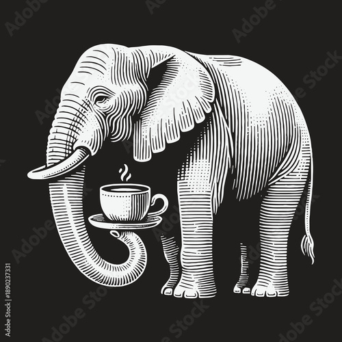 Elephant with Coffee Cup: A Whimsical Illustration in Engraving Style.