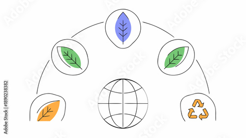 Sustainability concept vector illustration, green energy icons, leaves, globe and renewable symbols, flat eco design, clean minimal style, white background, professional stock vector