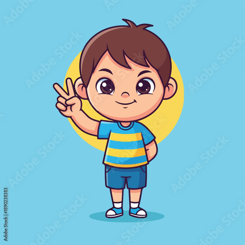 Cartoon boy making a peace sign gesture with his hand on blue background
