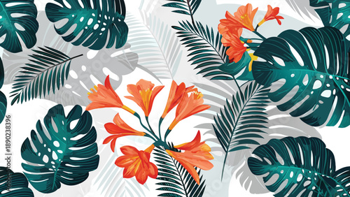 Vibrant clivia blooms among deep green monstera leaves create a lush tropical pattern against a soft white background evoking a sense