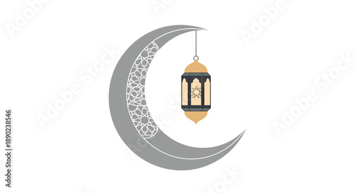 Stylized grey crescent moon with intricate patterns holding a decorative lantern symbolizing Ramadan and Islamic celebrations with a blend of traditional artistry and modern d, Generative AI.