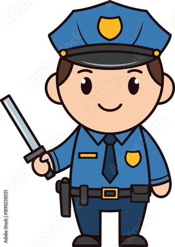 A cartoon police officer standing with a baton in a blue uniform and hat