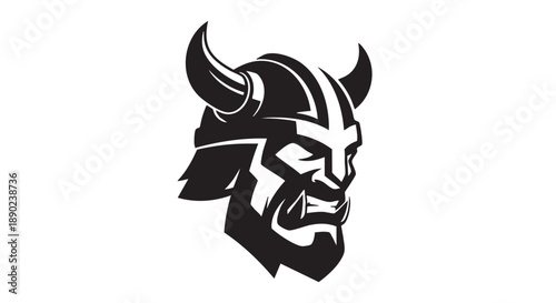 A fierce Viking warrior's face illustration with helmet and horns in a bold black and white graphic