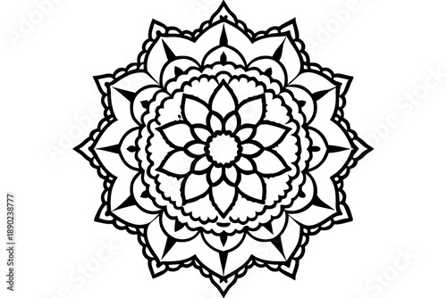 A black and white mandala design on a plain background, featuring intricate floral patterns and geometric shapes.