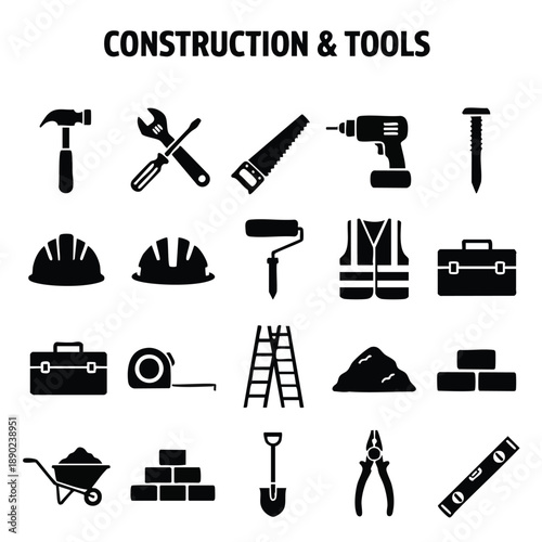 A collection of construction and tools icons on transparent background