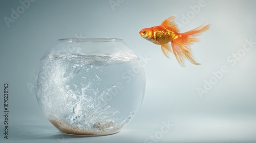 Wallpaper Mural An orange goldfish emerges from a clear bowl, splashing water in a bright setting. The fish's vibrant colors stand out against the light background, showcasing its movement and energy. Torontodigital.ca