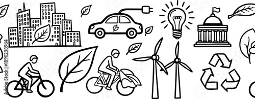 Black and white line art vector showing electric car biking wind turbines recycling green city sustainability energy ideas