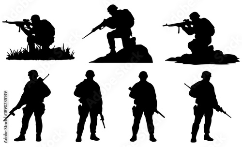 Military Soldier Silhouette Set with Armed Infantry Poses Isolated on White Background