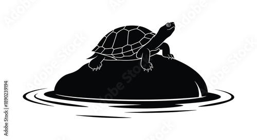 A black silhouette of a turtle resting on a rock surrounded by water ripples a striking visual silhouette high quality professional