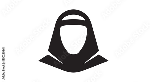 Simple black and white illustration of a person's face wearing a headscarf viewed from the front