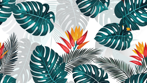 Tropical backdrop showcasing monstera leaves and orange torch lily spikes for summer vibes ideal for fashion prints textile designs and exotic