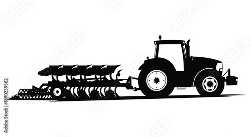 A striking black silhouette depicts a modern tractor pulling a plow through a field highlighting agricultural work silhouette high quality professional