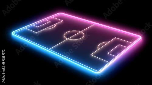 Neon soccer field design with bright colors shows a modern sports concept at nighttime