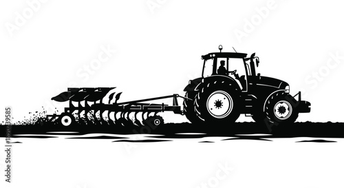 A striking black and white image depicts a tractor plowing a field showcasing a bold silhouette high quality professional detailed modern