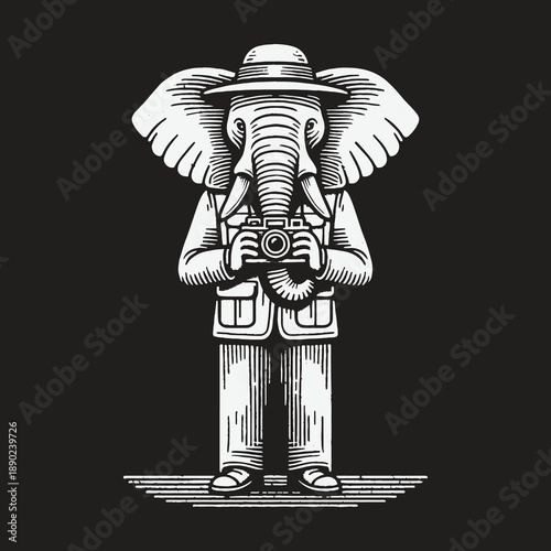 Elephant Photographer: A Detailed Black and White Illustration of an Anthropomorphic Elephant.