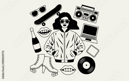 Woman surrounded by music and fashion elements illustration.